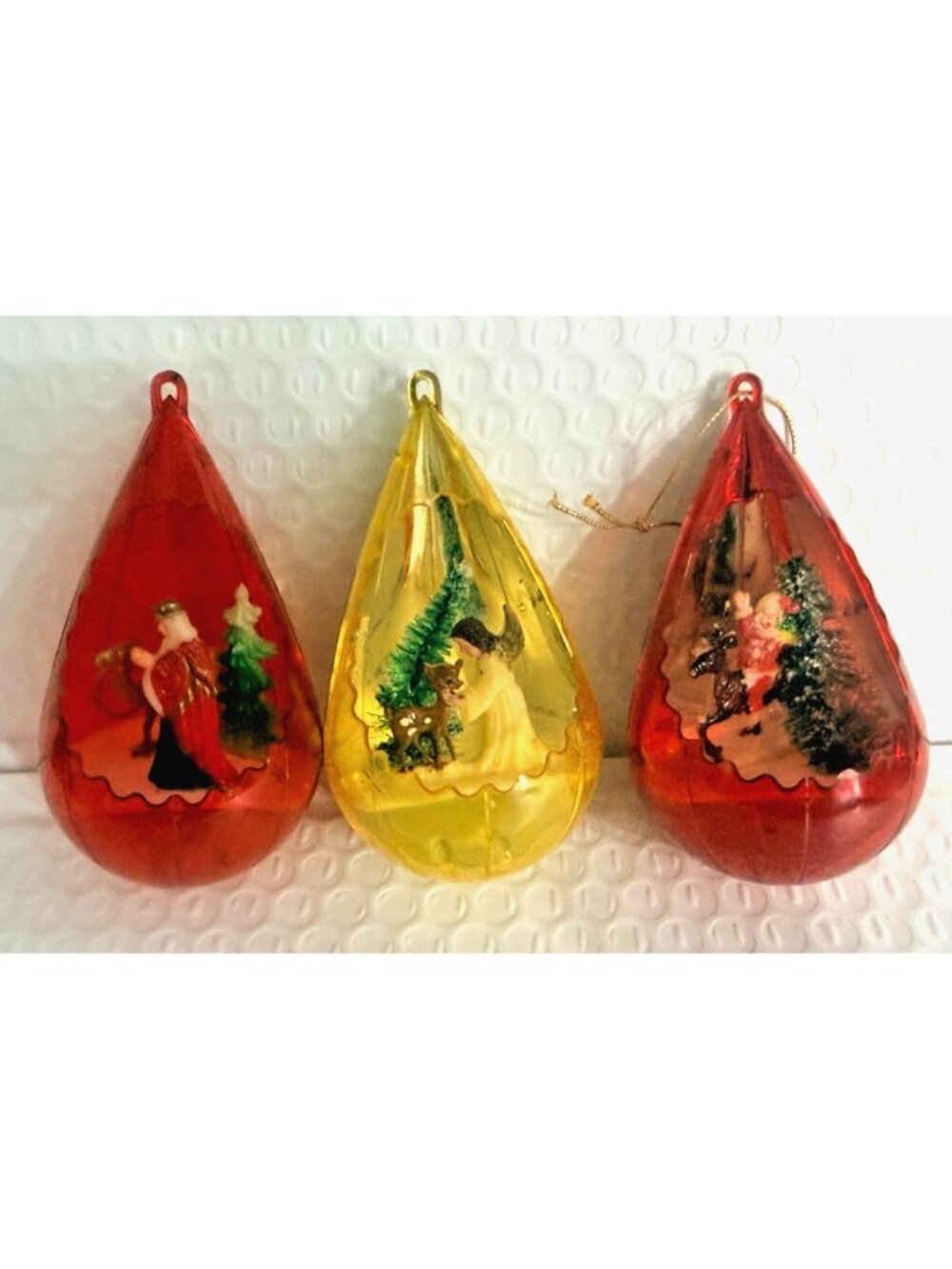 Vtg Jewel Brite  Diorama Plastic Teardrop Faceted Ornament Lot of 3